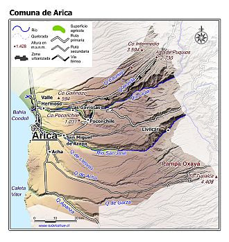 Mapa de la comuna de Arica con fondo coloreado