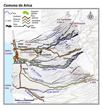Mapa de la comuna de Arica con fondo blanco sombreado