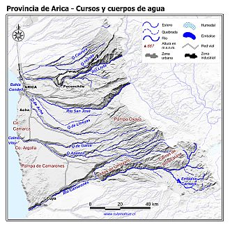 Mapa con los cursos y cuerpos de agua