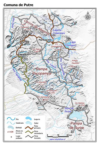 Mapa de la comuna de Putre con fondo blanco sombreado