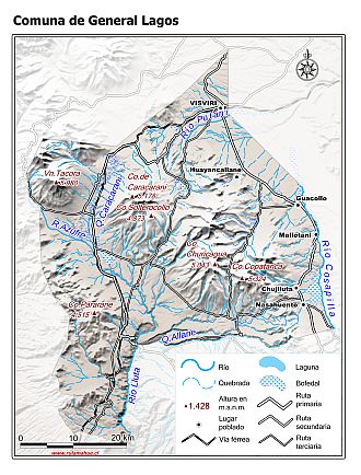 Mapa de la comuna de General Lagos con fondo coloreado