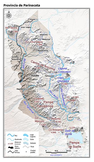 Mapa de la Provincia de Parinacota con fondo coloreado