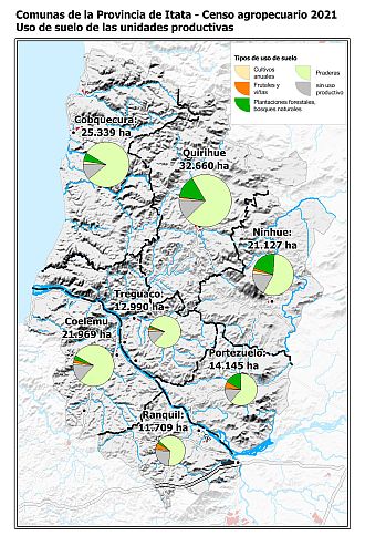 Mapa con gráficos de torta por comuna que muestran los diferentes usos de suelo de las unidades productivas