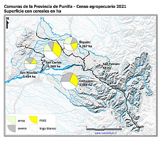 Mapa con gráficos de torta por comuna que muestran la composición de las superficies con cereales