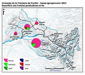 Mapa con gráficos de torta por comuna que muestran la composición de las superficies con frutales